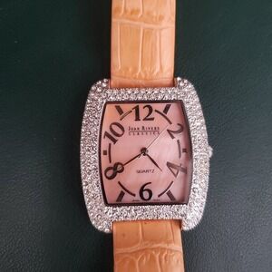 VTG Joan Rivers Classics Women's Silver‎ Tone Watch Rhinestone Bezel Tan Band